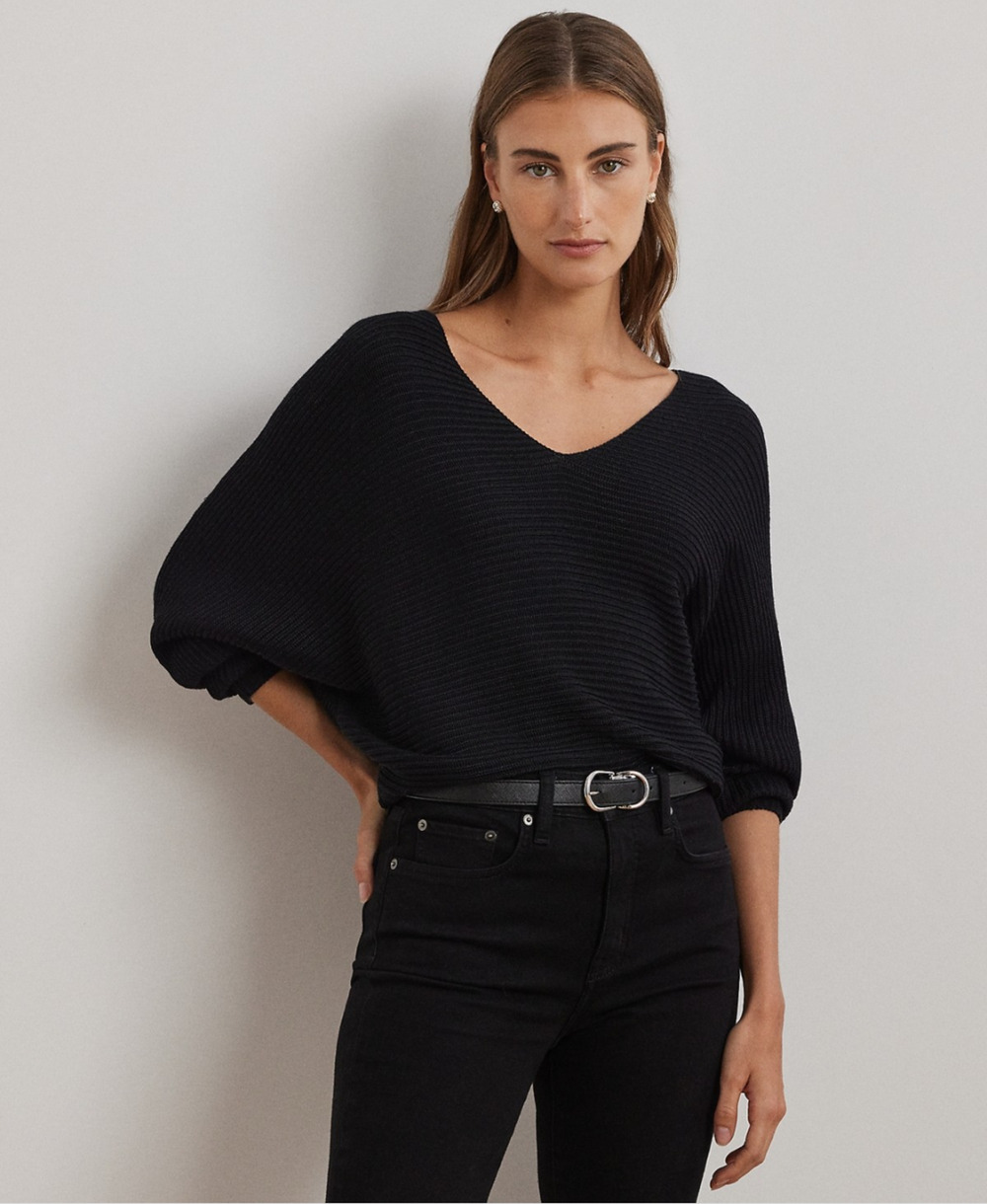 Lauren Ralph Lauren Women Rib Knit Dolman Sleeve Sweater Black Petite Size PM